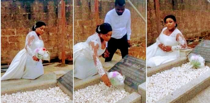 Grooms wife pays her dad a visit at his grave on their wedding day