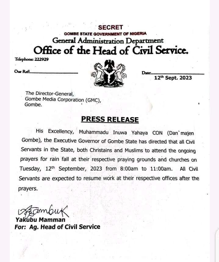 Gombe state government directs all civil servants in the state to attend the ongoing prayer rainfall in their respective places of worship..