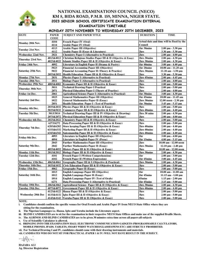 JUST IN: NECO RELEASES 2023 EXAMINATION TIMETABLE FOR SSCE (NOV/DEC)