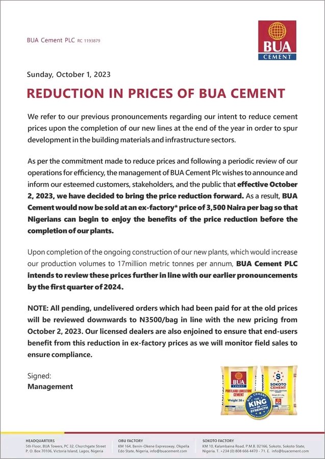 BUA Cement reduces ex-factory cement prices to N3,500/bag effective October 2, 2023.