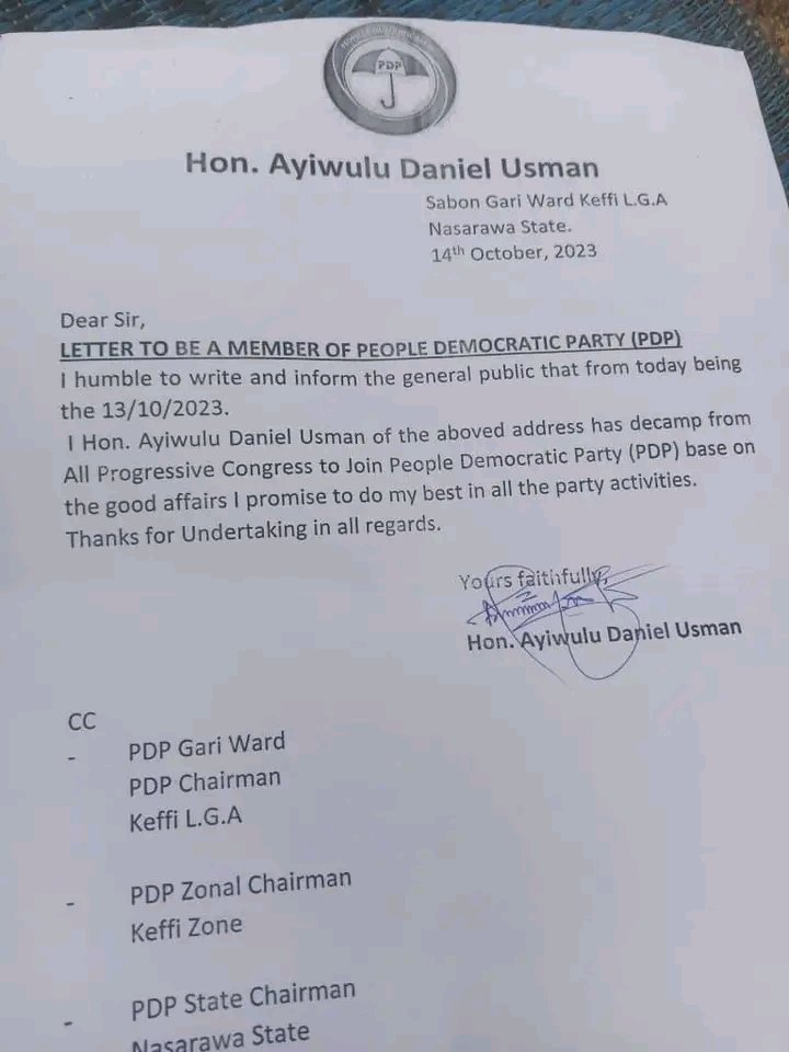 JUST-IN:Immediate past Aide to the Keffi Local Government Council Chairman Hon. Mohammed Baba Shehu dump APC and decamp to PDP.