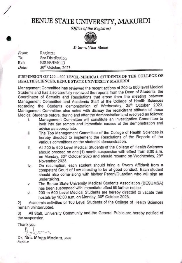 JUST-IN:BSU MGT SUSPENDS ALL 200LEVELS TO 600 LEVELS MBBS STUDENTS