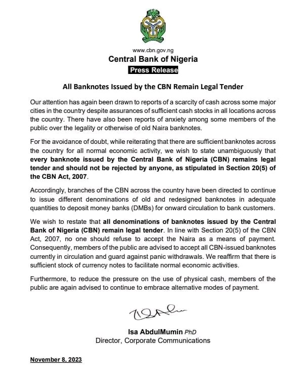 JUST-IN:All Denominations Of Old Naira Notes Remain Legal Tender – CBN