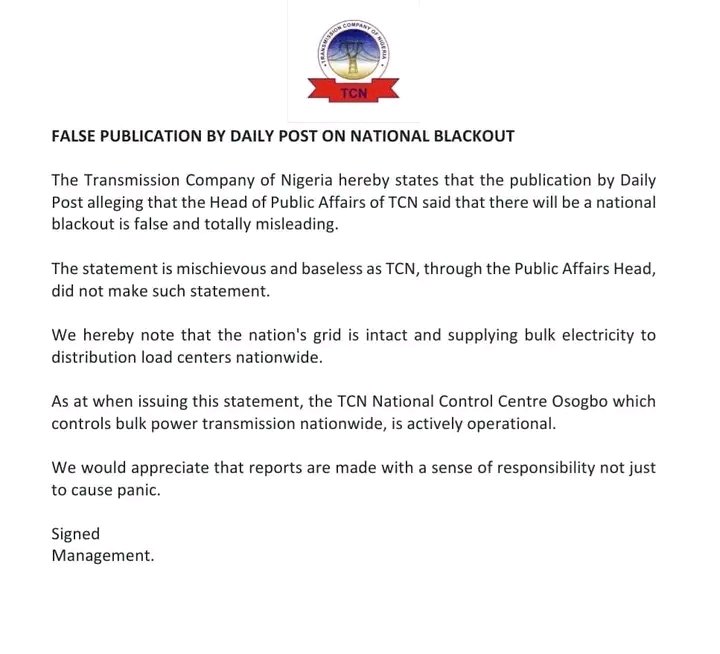 JUST-IN:No shutdown of power supply--TCN Denies Looming National Blackout Amid Nationwide Strike