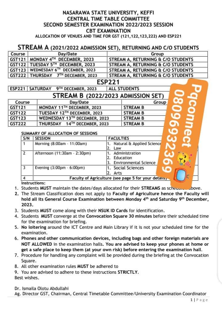 BREAKING:NSUK MGT RELEASES EXAMS ALLOCATION VENUE'S FOR GSTs and ESP