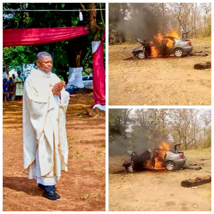 Catholic priest escapes d3ath by a whisker as his car explodes in Cross River (video)